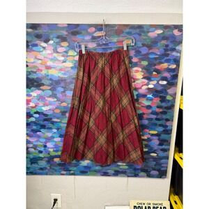Take 1 Vintage Red Brown Plaid Pleated Midi Skirt Elastic Waist A-Line Tartan